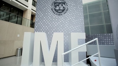International Monetary Fund logo seen inside the headquarters of the IMF in Washington, U.S. (REUTERS)