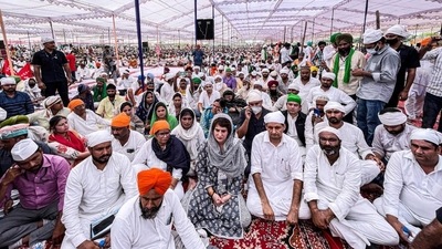 Priyanka Gandhi was seen with her hands folded in front of the photographs of the four farmers killed in Lakhimpur Kheri. (HT Photo) Priyanka Gandhi was seen with her hands folded in front of the photographs of the four farmers killed in Lakhimpur Kheri. (HT Photo)
