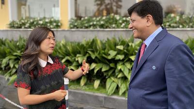 India’s commerce minister Piyush Goyal with Canada’s international trade minister Mary Ng on the sidelines of a G20 meeting in Sorrento, Italy on Monday. (Mary Ng/ Twitter) India’s commerce minister Piyush Goyal with Canada’s international trade minister Mary Ng on the sidelines of a G20 meeting in Sorrento, Italy on Monday. (Mary Ng/ Twitter)