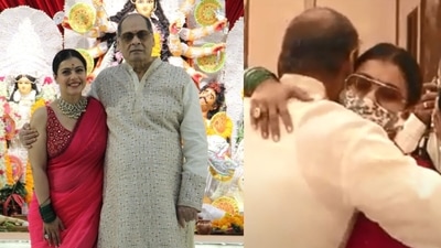 Kajol with her uncle at the pandal. Kajol with her uncle at the pandal. 