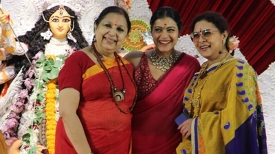 Kajol with her relatives on Tuesday. The family comes together for Durga Puja festivities every year. (Varinder Chawla) 