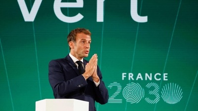 France's President Emmanuel Macron gestures as he speaks during the presentation of "France 2030" investment plan at The Elysee Presidential Palace in Paris. (AFP)