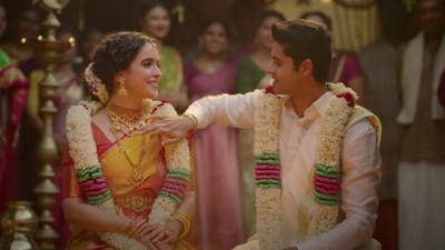 Sanya Malhotra and Abhimanyu Dassani in a still from the Meenakshi Sundareshwar teaser. Sanya Malhotra and Abhimanyu Dassani in a still from the Meenakshi Sundareshwar teaser.