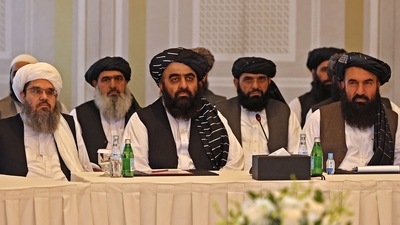 Members of the Taliban delegation meet with foreign diplomats in Qatar's capital Doha. (AFP) Members of the Taliban delegation meet with foreign diplomats in Qatar's capital Doha. (AFP)