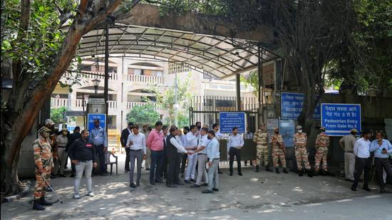 Lawyers and security personnel seen outside the Rohini Court complex, in New Delhi. (Representational image/HT Archive)