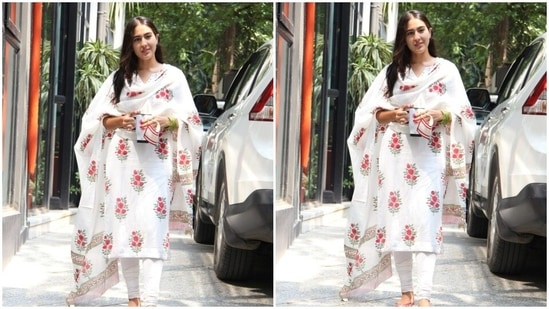 Sara Ali Khan was the epitome of grace, as she stepped inside Maddock Film’s office. She went all traditional in a printed white salwar suit.(HT Photos/Varinder Chawla)