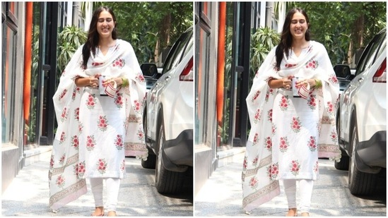 Sara happily posed for the cameras before getting inside the production house office.(HT Photos/Varinder Chawla)