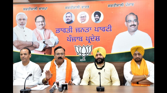 BJP kisan morcha national president Raj Kumar Chahar addressing the media in Chandigarh.