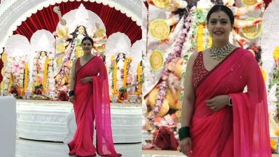 Kajol visited the Durga Puja pandal at Santa Cruz on Tuesday. She was in a red sari. (Varinder Chawla)