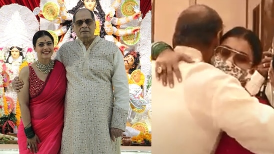 Kajol with her uncle at the pandal.&nbsp;