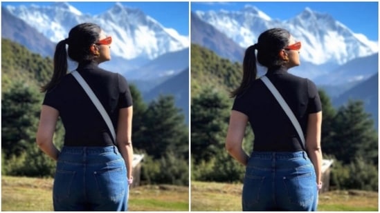 Dressed in a black tee-shirt and a pair of blue denims, Parineeti posed with her back to the camera, where she can be seen staring in awe at the mountains peaks in front of her. “You gave me a lesson in humility today,” she added.(Instagram/@parineetichopra)