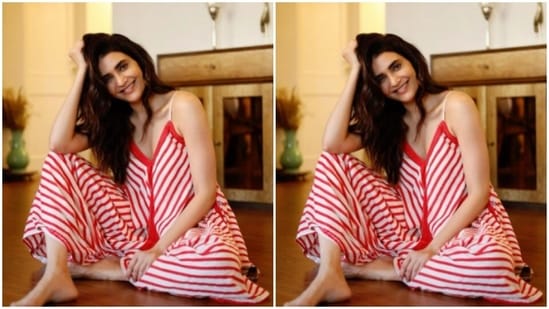 In red and white stripes, Karishma blended casual and comfortable in an amazing outfit.(Instagram/@karishmaktanna)