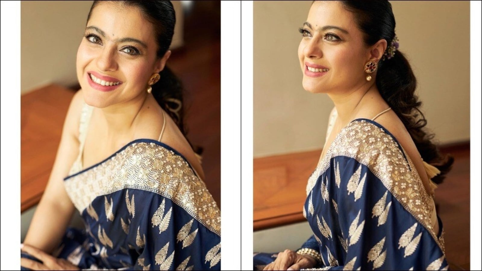 Kajol Slays Anita Dongre S ₹80k Backless Blue Benarasi Saree On Durga Ashtami Fashion Trends