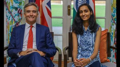 Alex Ellis, British High Commissioner to India with Aditi Maheshwari, winner of the British High Commissioner for a Day competition (PHOTO: Raajessh Kashyap/HT) Alex Ellis, British High Commissioner to India with Aditi Maheshwari, winner of the British High Commissioner for a Day competition (PHOTO: Raajessh Kashyap/HT)