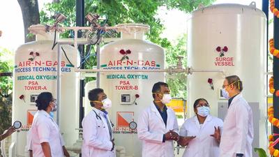 Medics at a newly inaugurated PM CARES funded PSA oxygen plant in Bengaluru on October 7. At present, 1,183 PSA oxygen plants are operational. (PTI) Medics at a newly inaugurated PM CARES funded PSA oxygen plant in Bengaluru on October 7. At present, 1,183 PSA oxygen plants are operational. (PTI)