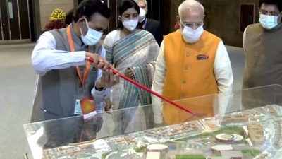 Prime Minister Modi at the launch event of the new exhibition complex at Pragati Maidan, New Delhi. (Photo via ANI) Prime Minister Modi at the launch event of the new exhibition complex at Pragati Maidan, New Delhi. (Photo via ANI)