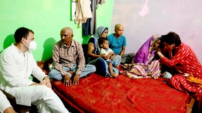 Congress leader Rahul Gandhi meets family of journalist Raman Kashyap who was killed in Lakhimpur Kheri violence. (PTI) Congress leader Rahul Gandhi meets family of journalist Raman Kashyap who was killed in Lakhimpur Kheri violence. (PTI)