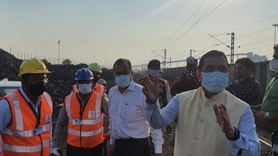 Union coal minister Pralhad Joshi at the Dipka coal mine in Korba, Chattisgarh. “Inspected coal stock at the siding yard and interacted with Siding In-charge and other officials,” Joshi tweeted. (Twitter/@JoshiPralhad) Union coal minister Pralhad Joshi at the Dipka coal mine in Korba, Chattisgarh. “Inspected coal stock at the siding yard and interacted with Siding In-charge and other officials,” Joshi tweeted. (Twitter/@JoshiPralhad)
