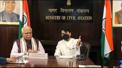 Haryana CM Manohar Lal Khattar met Union civil aviation minister Jyotiraditya M Scindia in New Delhi regarding various civil aviation projects. (Photo: Twitter)