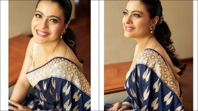 Kajol slays Anita Dongre's ₹80k backless blue Benarasi saree on Durga Ashtami (Instagram/radhikamehra) Kajol slays Anita Dongre's ₹80k backless blue Benarasi saree on Durga Ashtami (Instagram/radhikamehra)
