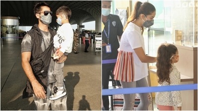 Shahid and Mira arrived at the Mumbai airport today hand in hand with their two kids. Shahid carried their son Zain in his arms, and Misha held her mother Mira's hands while entering the airport. (HT Photo/Varinder Chawla) Shahid and Mira arrived at the Mumbai airport today hand in hand with their two kids. Shahid carried their son Zain in his arms, and Misha held her mother Mira's hands while entering the airport. (HT Photo/Varinder Chawla)