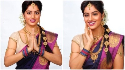Earlier today, television actor Deepika Singh Goyal took to her Instagram handle to share a photo of herself in a traditional Indian saree which she accessorised with golden necklaces, mang tika, earrings, waist belt and hair jewellery. (Instagram/@deepikasingh150) Earlier today, television actor Deepika Singh Goyal took to her Instagram handle to share a photo of herself in a traditional Indian saree which she accessorised with golden necklaces, mang tika, earrings, waist belt and hair jewellery. (Instagram/@deepikasingh150)