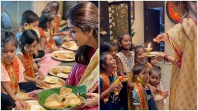 Shilpa Shetty feedi pooris to the kids. Shilpa Shetty feedi pooris to the kids.