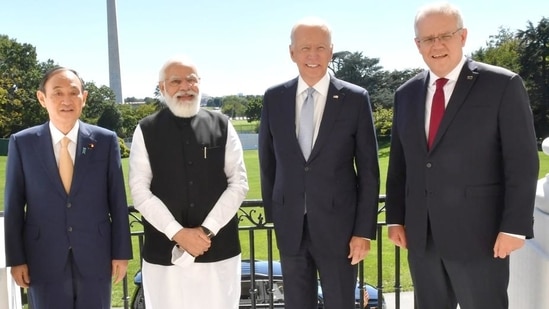 Japanese Prime Minister Yoshihide Suga, Indian Prime Minister Narendra Modi, US President Joe Biden and Australian Prime Minister Scott Morrison pose before the Quad summit, in Washington DC. (ANI)(HT_PRINT)