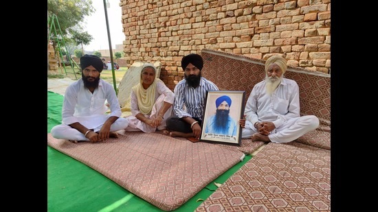 The family members of Krishan Bhagwan Singh, who along with another anti-Bargari sacrilege protester was killed in the police firing at Faridkot district’s Behbal Kalan on October 14, 2015.