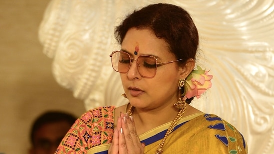 Actor Sarbani Mukherjee attended the North Bombay Sarbojanin Durga Puja Samiti on October 12.(AFP)