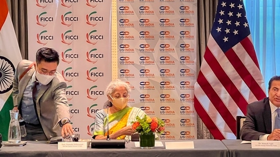 Boston: Union Finance Minister Nirmala Sitharaman during the investors roundtable meeting hosted by FICCI and US-India Strategic Partnership Forum (USISPF), in Boston, Tuesday, Oct 12, 2021. (PTI Photo)(PTI10_12_2021_000201B)(PTI) Boston: Union Finance Minister Nirmala Sitharaman during the investors roundtable meeting hosted by FICCI and US-India Strategic Partnership Forum (USISPF), in Boston, Tuesday, Oct 12, 2021. (PTI Photo)(PTI10_12_2021_000201B)(PTI)