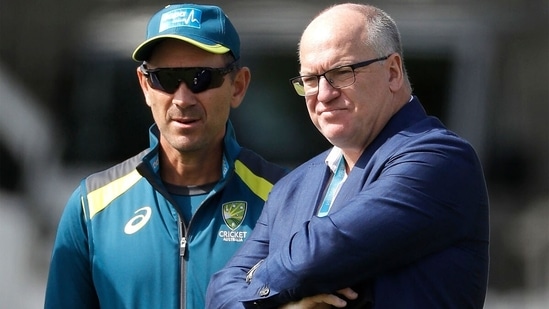 Earl Eddings and Australia coach Justin Langer. (Getty) Earl Eddings and Australia coach Justin Langer. (Getty)