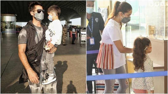 Shahid and Mira arrived at the Mumbai airport today hand in hand with their two kids. Shahid carried their son Zain in his arms, and Misha held her mother Mira's hands while entering the airport.(HT Photo/Varinder Chawla)