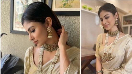 The ever so stylish Mouni Roy, who looks stunning in every outfit she dons, shared a few stills of herself celebrating Maha Ashtami.(Instagram/@imouniroy)