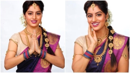 Earlier today, television actor Deepika Singh Goyal took to her Instagram handle to share a photo of herself in a traditional Indian saree which she accessorised with golden necklaces, mang tika, earrings, waist belt and hair jewellery.(Instagram/@deepikasingh150)