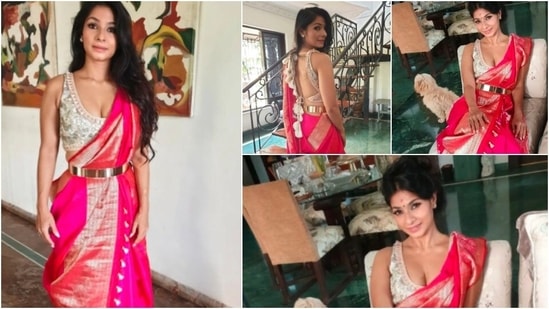 Kajol and Tanishaa Mukerji have been treating fans with pictures of themselves in traditional attires. While Kajol looked stunning in saree, Tanishaa draped hers in Bengali style and also added a metallic belt to her look.(Instagram/@ tanishaamukerji)