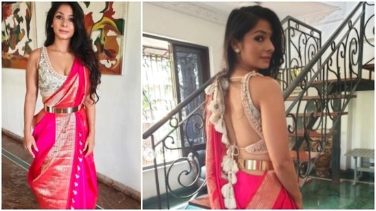 Tanishaa Mukerji looked gorgeous in a traditional saree which she draped in Bengali style on the occasion of Maha Ashtami, the 8th day of the 10-day long Durga Puja festival.(Instagram/@tanishaamukerji)