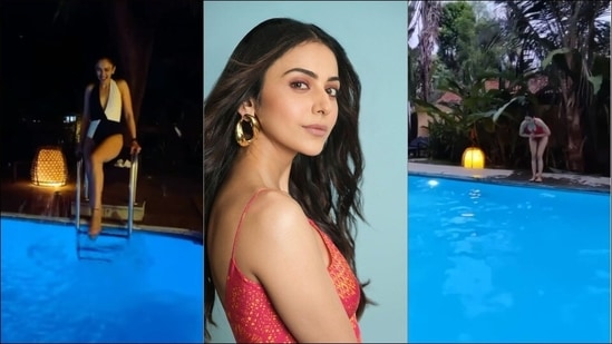 Rakul Preet Singh turns ‘water baby’ in midnight, scarlet tummy control swimsuit(Instagram/rakulpreet)