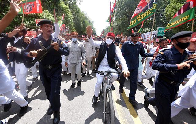 The party’s main catchline for 2022 polls is “Baaees Mein Bicycle” (Bicycle in 22) (HT PHOTO ) The party’s main catchline for 2022 polls is “Baaees Mein Bicycle” (Bicycle in 22) (HT PHOTO )