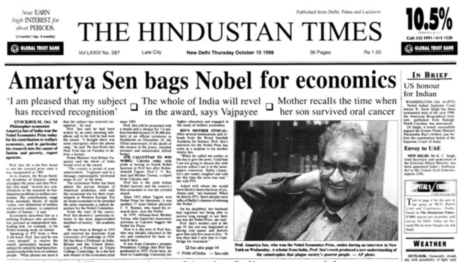 HT THIS DAY: October 15, 1998 — Amartya Sen bags Nobel for economics ...