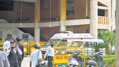 An ambulance is seen inside the Rohini district court. Two gunmen dressed as lawyers fired at gangster Jitender Gogi in New Delhi on September 24, 2021. (HT File)