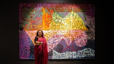 Chromatic Musings: solo exhibition is by Vaishali Oak, a fibre artist from Pune. This series brings together a new body of fabric assemblages that explore nature-inspired forms and textures. (HT PHOTO)
