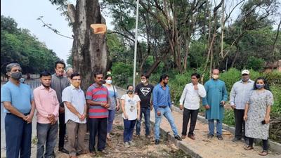 The Pune Municipal Corporation (PMC), on Wednesday, began cutting down trees at the SPPU chowk, heading towards Pashan road, to make space for a footpath and a cycle track. (HT PHOTO)