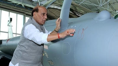 Defence Minister Rajnath Singh performed Ayudha or Shastra Puja while receiving the Rafale fighter jet in Paris in 2019. (ANI File Photo) Defence Minister Rajnath Singh performed Ayudha or Shastra Puja while receiving the Rafale fighter jet in Paris in 2019. (ANI File Photo)