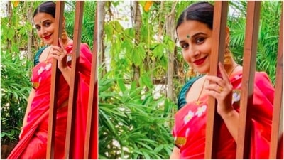 For accessories, Vidya Balan opted for gold jhumkas, a thin gold necklace and a ring. (Instagram/@balanvidya) For accessories, Vidya Balan opted for gold jhumkas, a thin gold necklace and a ring. (Instagram/@balanvidya)