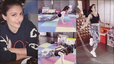 Soha Ali Khan makes ‘dull’ workout fun with twist to skipping, pushups exercises (Instagram/sakpataudi) Soha Ali Khan makes ‘dull’ workout fun with twist to skipping, pushups exercises (Instagram/sakpataudi)