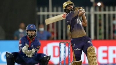KKR's Rahul Tripathi plays a shot during Qualifier 2 against DC in Sharjah (iplt20.com)