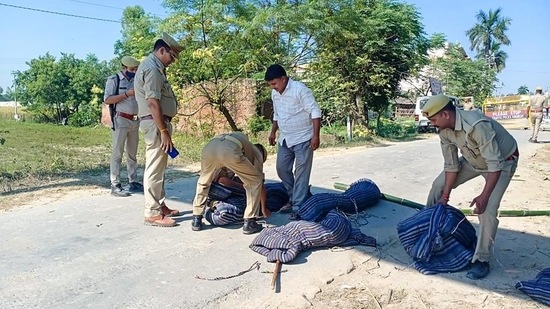 Police recreate the sequence of events leading to the violence in Lakhimpur Kheri as part of their probe, on Thursday. (PTI)