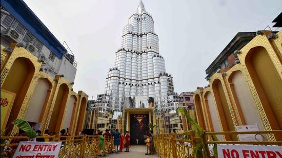 The Sreebhumi Sporting Club puja pandal was built resembling the Burj Khalifa skyscraper in Dubai and had become a major crowd puller this year during Durga Puja. (PTI PHOTO.)