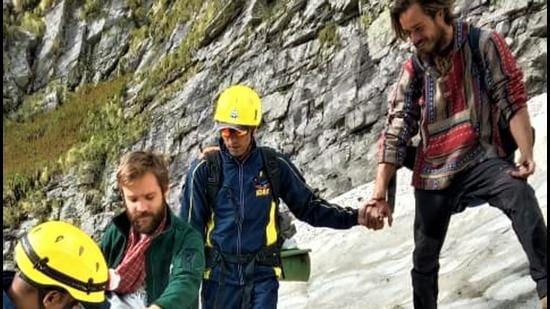 State Disaster Response Force (SDRF) personnel rescued two trekkers, including one foreigner from Slovenia from the Hemkund Ghangaria trek route in Uttarakhand’s Chamoli district in June this year. (HT PHOTO.)